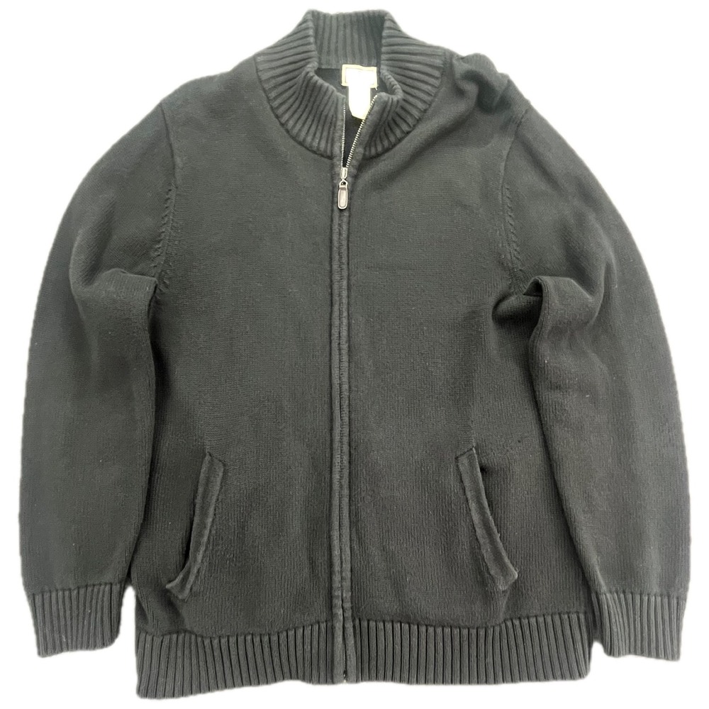 LLBean Mens Full Zip Sweater Jacket Black‎ Cotton Ribbed Collar Pockets Size L
